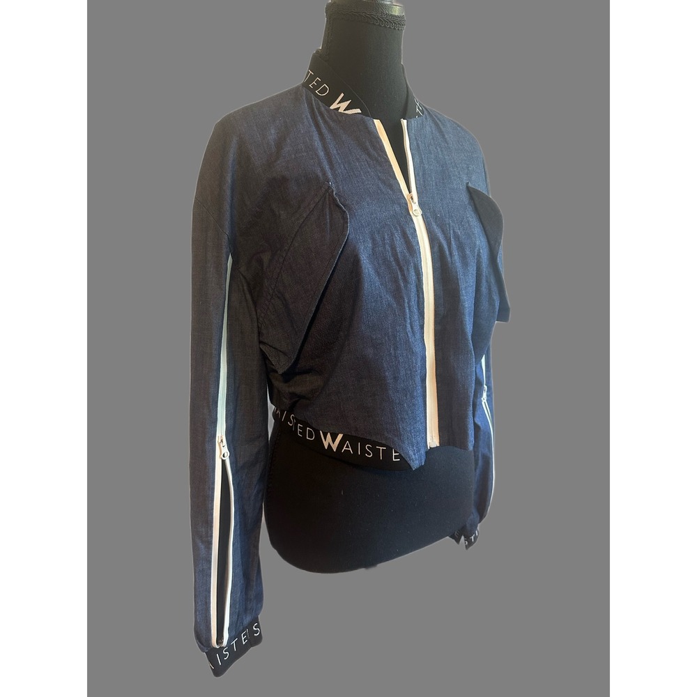 Waisted Womens Blue Denim Cropped‎ Bomber Jacket Branded Elastic WT-96 Medium